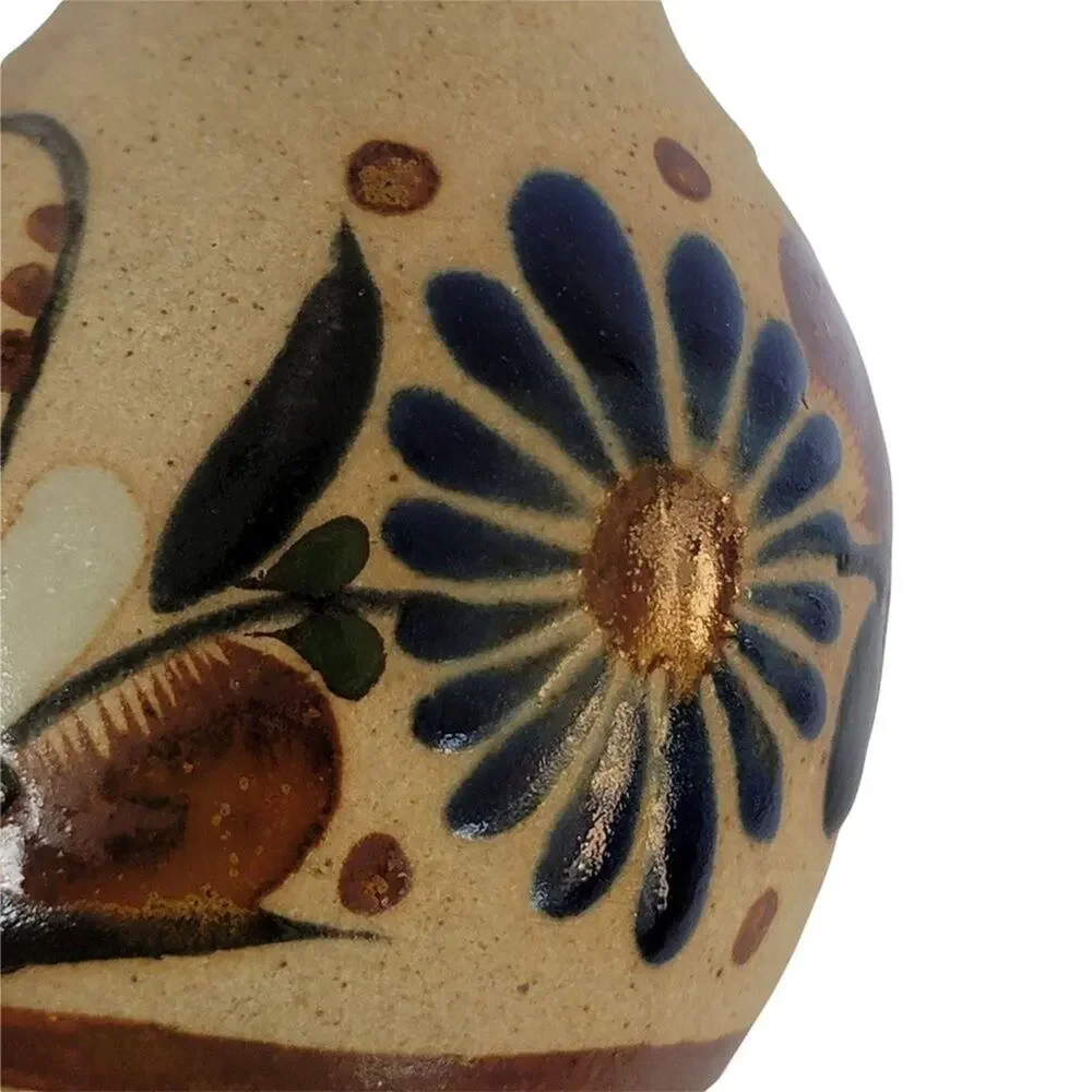 Mexican Tonala Pottery Hand Painted Vase Small Floral Folk Art Blue Cream Mexico